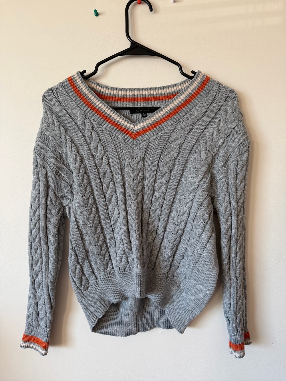 Love Tree Knit Grey Sweater with Orange/White Accent